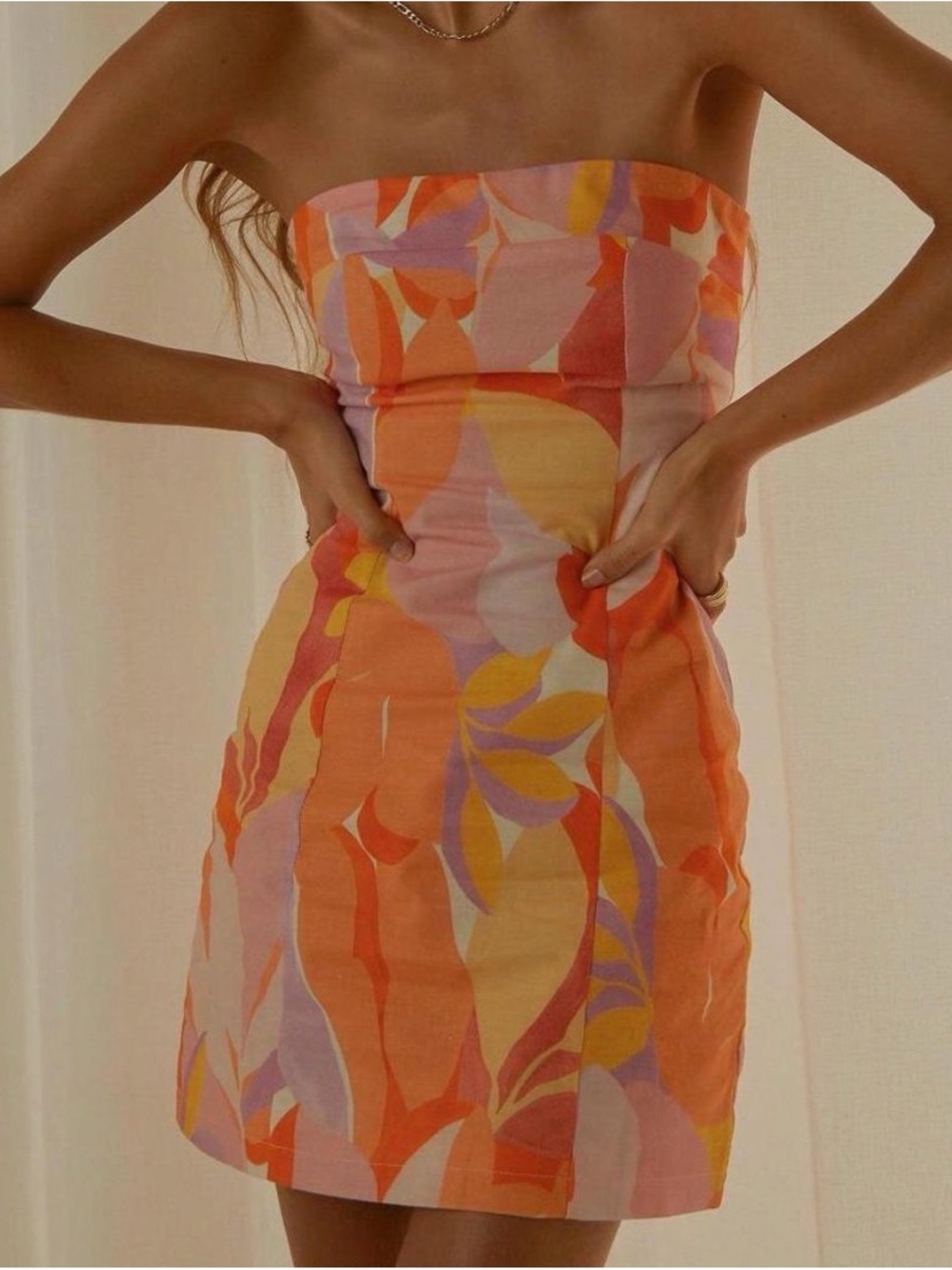 Peppermayo Strapless Abstract Floral Mini Dress in Orange, Pink & Yellow